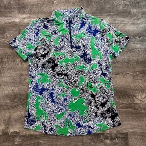 IBKUL Pascha Green Navy Short Sleeve Mock Golf Shirt Womens Sz. M